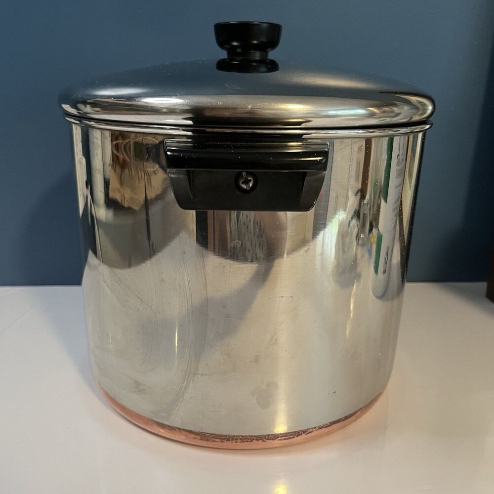 REVERE WARE 8 Qt Stock Pot & Lid Copper Bottom Clinton ILL USA Vtg Clean - Picture 2 of 15